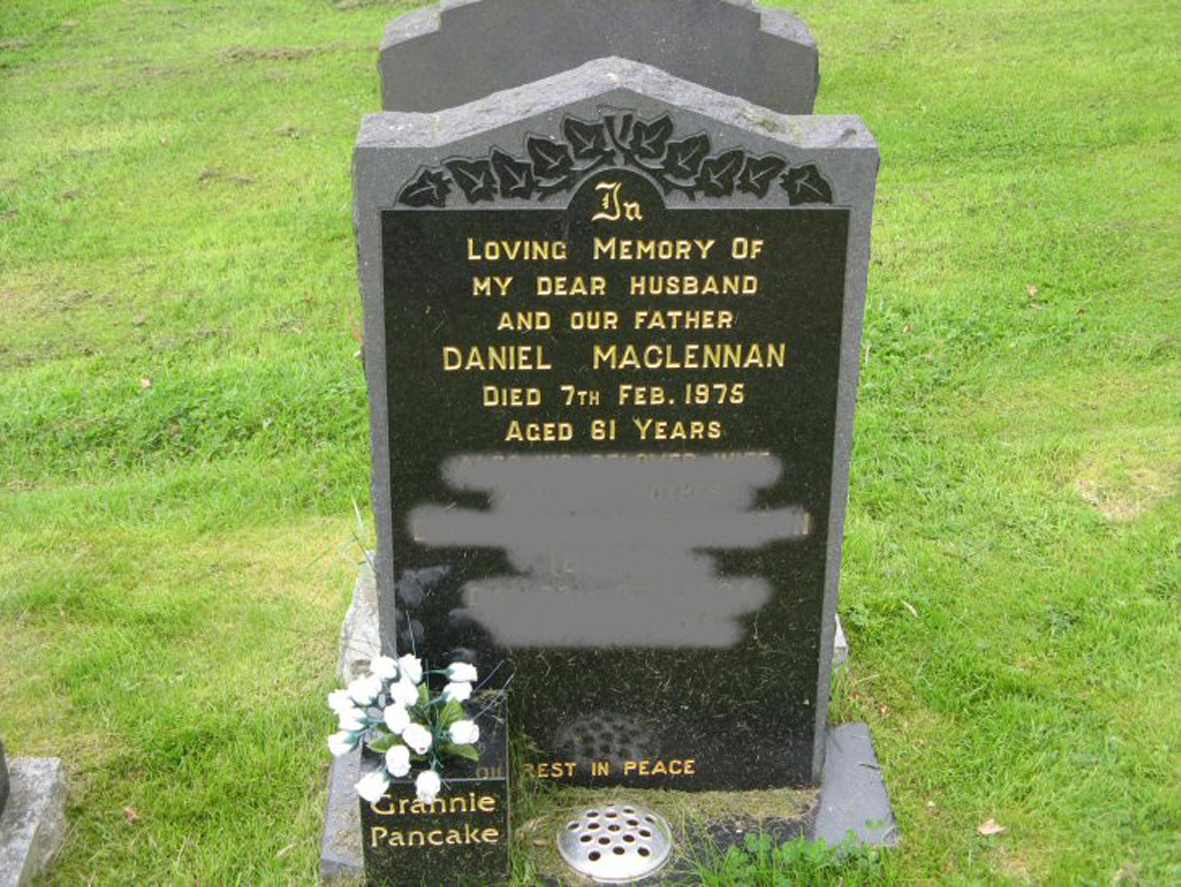 Photo of headstones/Daniel MacLennan died 1975 MI Urquhart New